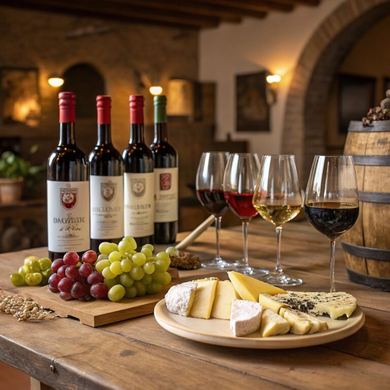 Allestimento rustico con vini dell'Emilia, bicchieri, uva e formaggi locali