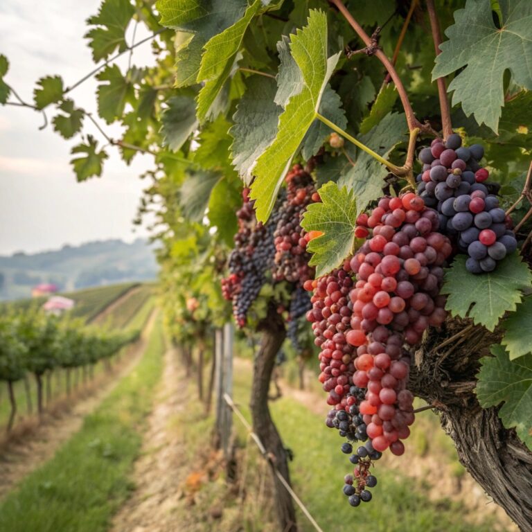 Grappoli di Lambrusco maturi in un vigneto emiliano durante la vendemmia